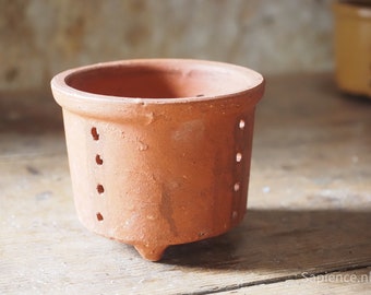 Medium size handmade antique French terracotta cheese mould on 3 little feet, sandstone, cheese strainer, faisselle mal