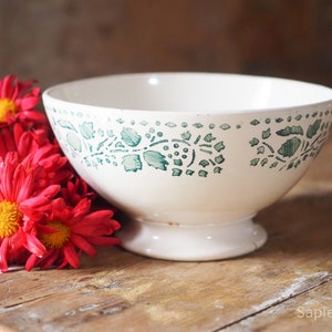 Charming good size antique French white with green decor ironstone Cafe au lait bowl by Lunéville