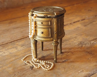 Ormolu jewelry box on high legs, blue silk lining, for treasures and trinkets, birthday gift girls, woman
