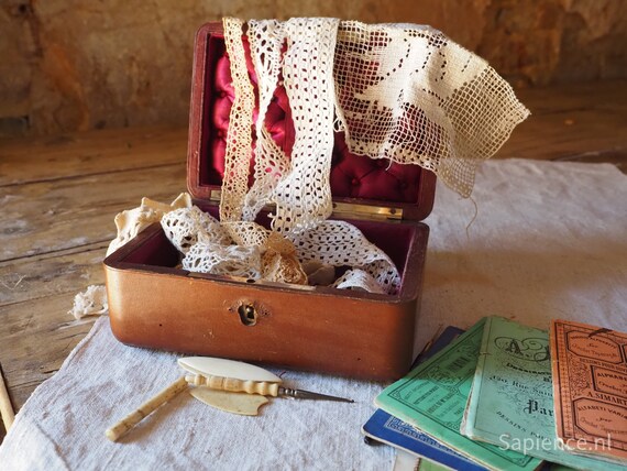 Sewing jewelry box, leather with monogram and original bone tools, rare antique french box View 6