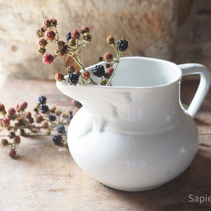 Lovely antique French white ironstone pitcher in good condition, stoneware, water jug