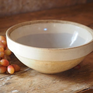 May include: A large, white ceramic mixing bowl with a slightly off-white rim. The bowl is sitting on a wooden surface with a bunch of grapes in the foreground.