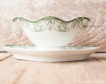 Antique French white with green decor 'La Ruche' ironstone gravy or sauce boat by st Amand