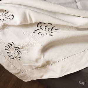 Antique hand embroidered flowers French linnen sheet or table cloth 87&quot; x 43&quot;, originally alterpiece