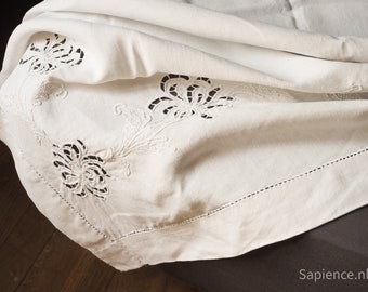 Antique hand embroidered flowers French linnen sheet or table cloth 87" x 43", originally alterpiece