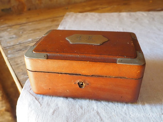 Sewing jewelry box, leather with monogram and original bone tools, rare antique french box