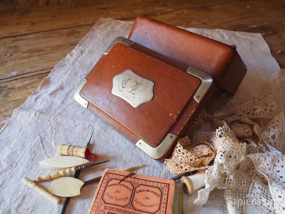 Sewing jewelry box, leather with monogram and original bone tools, rare antique french box View 3