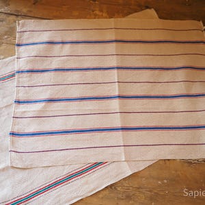 Pair of unmatched tea towels, antique French linen/hemp dishcloths, striped red blue and red green, lovely quality, birthday gift women