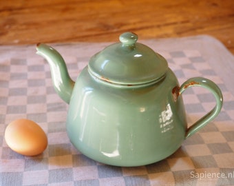 Charming teal enamel antique tea or coffee pot, blue green, turquoise enamel pot, country kitchen decor, farmhouse