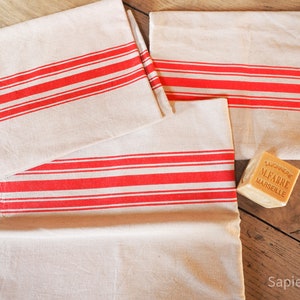 New vintage teatowel fabric, 3 pieces greige with red stripes, decorative material, sowing projects, gift women