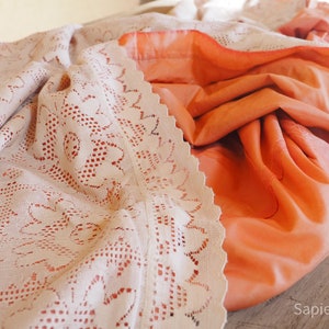 Lovely large vintage French lace with pink underlay bed throw or table cloth 100&quot; x 72&quot;, bed cover, blanket