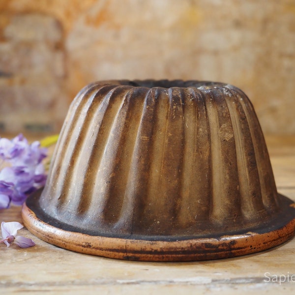 Baking mold for turban, antique French glazed terracotta, clay baking dish, pottery de Provence, ceramic Brioche mould, Bundt Pan, gift