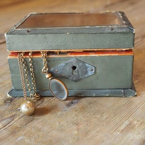 Antique French jewelry box with paper covering and beveled glass lid, 1800 Napoleon III, wedding ring box, treasure box
