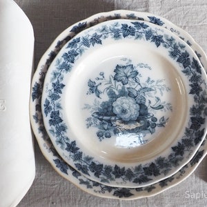 Deep soup plates, handsome pair antique in blue decor, 1900, transferware glazed ceramics, gift women, festive dining