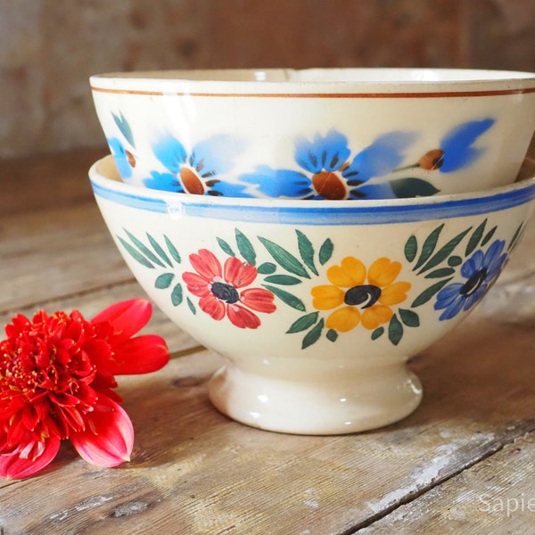 Cheerful pair of coffee bowls, antique French ironstone Café au lait bowls, birthday gift women