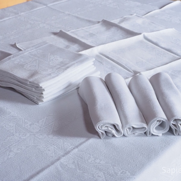 Set of damask French table cloth 57" x 50" and 12 napkins, with in-woven paterns, parure