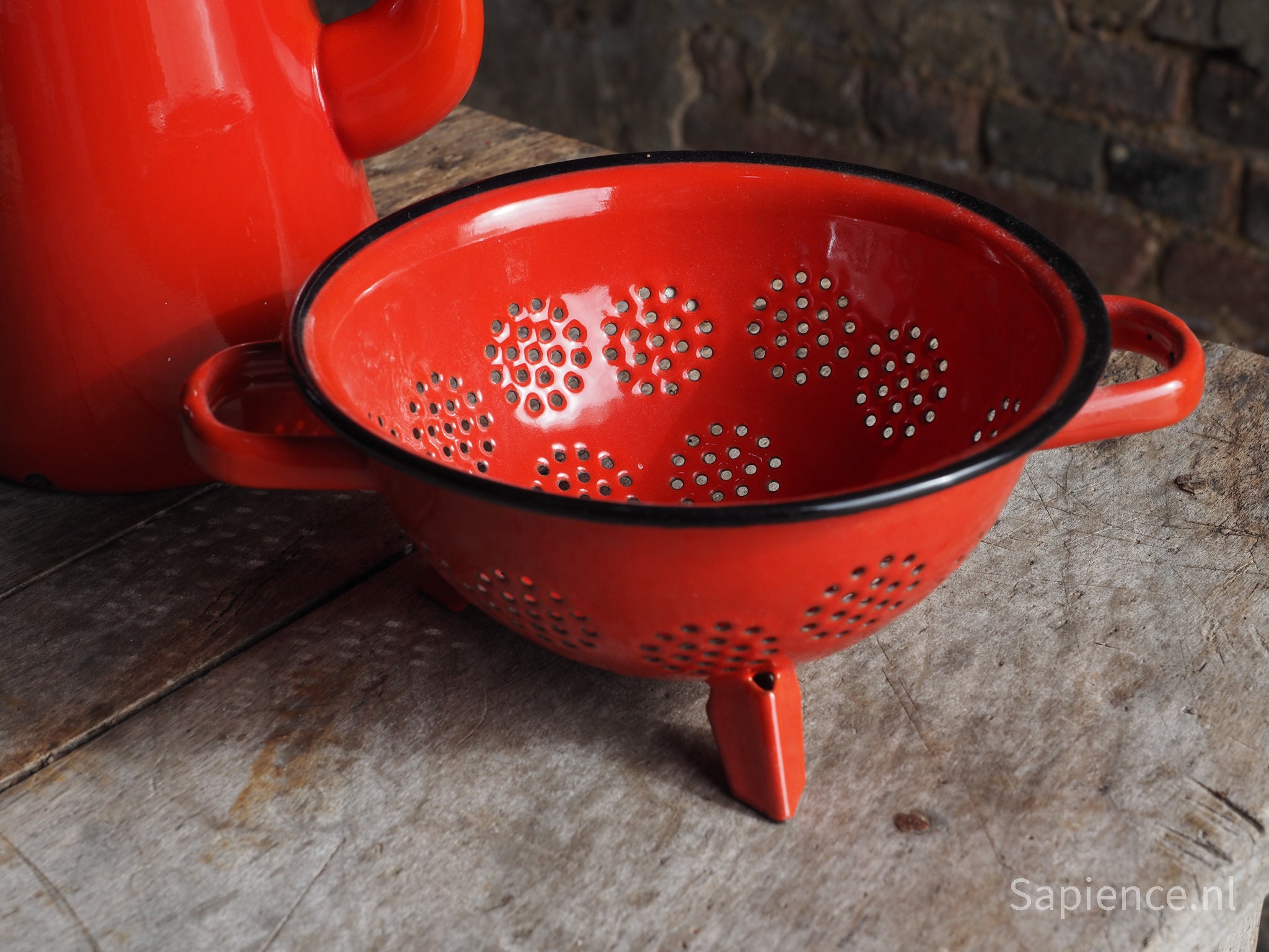 Cute small red enamel vintage French colander from the Etsy
