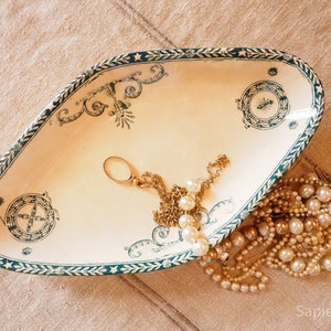 Ravier, antique French green decor by &#39;Salins&#39;, 1900, oval dish, excellent condition, transferware, hors d&#39;oeuvre or soap dish, gift women