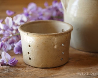 Cute small glazed handmade antique French terracotta cheese mould, sandstone, en grès, cheese strainer, faisselle mal