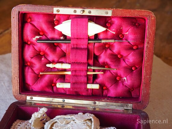 Sewing jewelry box, leather with monogram and original bone tools, rare antique french box View 4