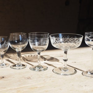 Decorative collection of 5 engraved antique French glasses, unmatched glasses, hand made, party gift