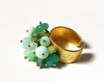 Goldener Ring, Chrysopras, Grüne Edelsteine, Cluster Perlenring