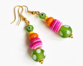 Boucles d'oreilles colorées, vert-rose-orange, déclaration, bijoux d'été