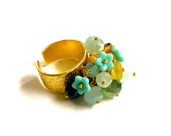 Bague fleur, turquoise-vert-or, bague de mendicité, bague de perles en grappe, déclaration