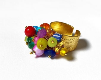 Bague colorée, or, pierre précieuse, perles de verre, bague de mendicité, perles mobiles