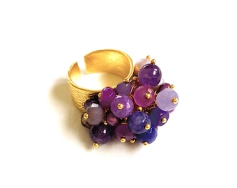 Lila Perlen Ring, Gold, Bettelring, Cluster Perlenring, Statement