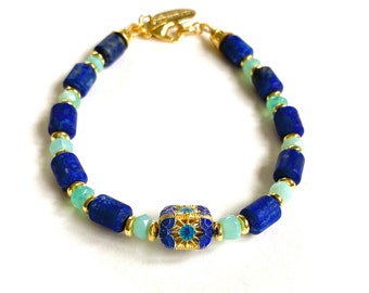 Bracelet pierres précieuses opale lapis lazuli, bleu-turquoise-or, perle émaillée plaquée or