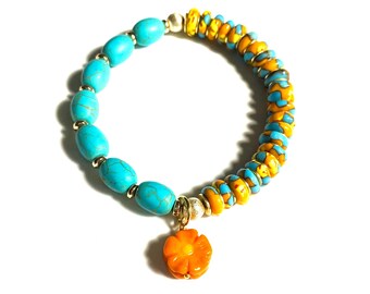 Bracelet turquoise-orange-jaune, pierre précieuse, bracelet perles stretch, fleur, bijoux d'été