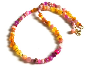 Kette Orange-Pink, Edelsteinkette, Statement Perlenkette