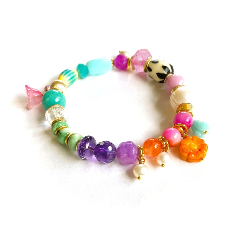 Colorful bracelet, gemstone mix, boho pearl bracelet, statement, charms, real pearls, gold plated image 2