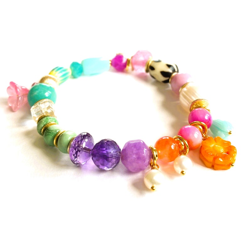 Colorful bracelet, gemstone mix, boho pearl bracelet, statement, charms, real pearls, gold plated image 8