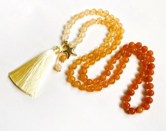 Sautoir, collier de pierres précieuses cornaline, pendentif étoile, orange, pompon