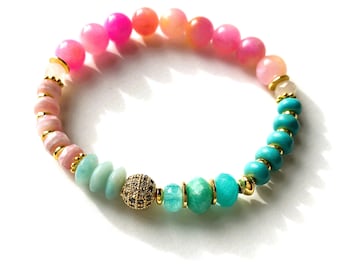 Bracelet, Or rose turquoise, Pierre précieuse, Bracelet perlé, Bracelet empilable