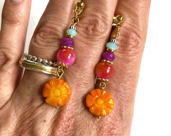 Colorful earrings, pink-orange-turquoise, floral summer jewelry