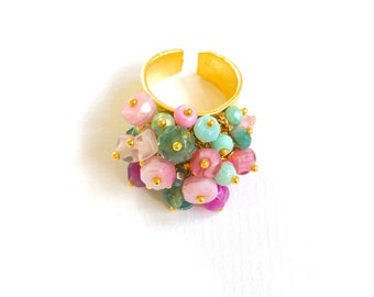 Bunter Ring, Rosa-Mint, Perlenring Gold,  Edelstein Bettelring