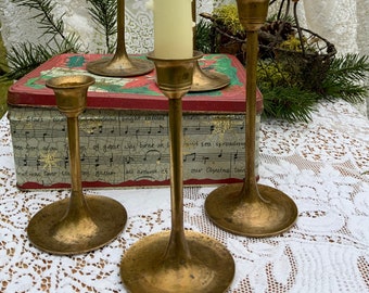 Set of 5 Vintage Solid Brass Candleholders/ Farmhouse Fireplace Decor/Wedding Decor