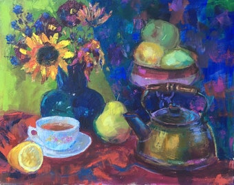 Original oil painting Still life with bronze kettle ,fruits and cup of tea , 20”x16” oil on canvas