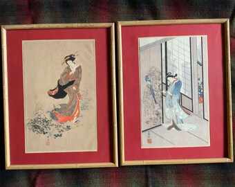 Two Vintage Japanese Framed Woodblock Prints/ Traditional Asian Decor