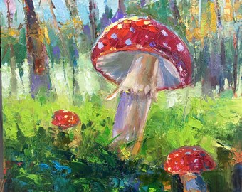 Toadstools/Original Oil Painting on Birch panel/Fly Agaric, Amanita Mushroom Art/Woodland Decor/Nursery Children Room Art . 12’’x12’’ Framed