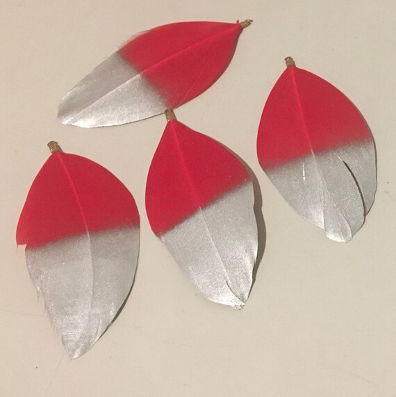 New 4pc medium Red/Silver feathers ,jewelry making,earrings, charm, tassel,Keychain ,Pendant necklace .