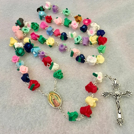 Gorgeous Virgen de Guadalupe and crucifix Colorful ROSES Rosary,unique rosary religious,catholic.