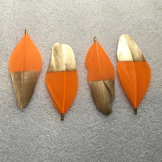 New 4pcs medium Orange/Gold feathers, charm, tassel,Keychain ,Pendant necklace, jewelry making feathers  .