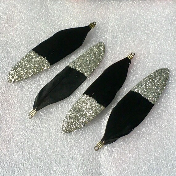 4pcs small Black/Silver glitter feathers, charm, tassel,Keychain ,Pendant necklace, jewelry making feathers  .