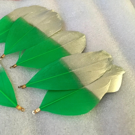 Bulk 4pc medium Green/Silver feathers ,jewelry making,earrings, charm, tassel,Keychain ,Pendant necklace .