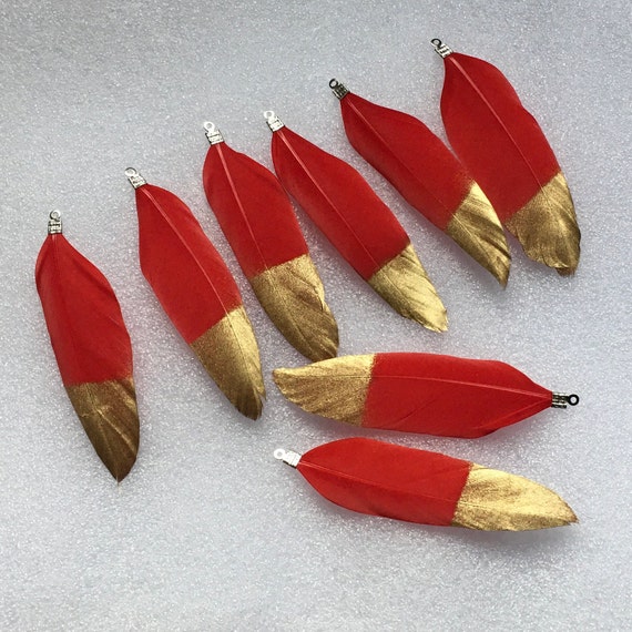 New 6pcs small Red/Gold  feathers ,charm, tassel,Keychain ,Pendant necklace, jewelry making feathers  .