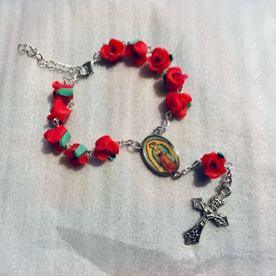 New Gorgeous Virgen de Guadalupe Red Roses Rosary Bracelet.